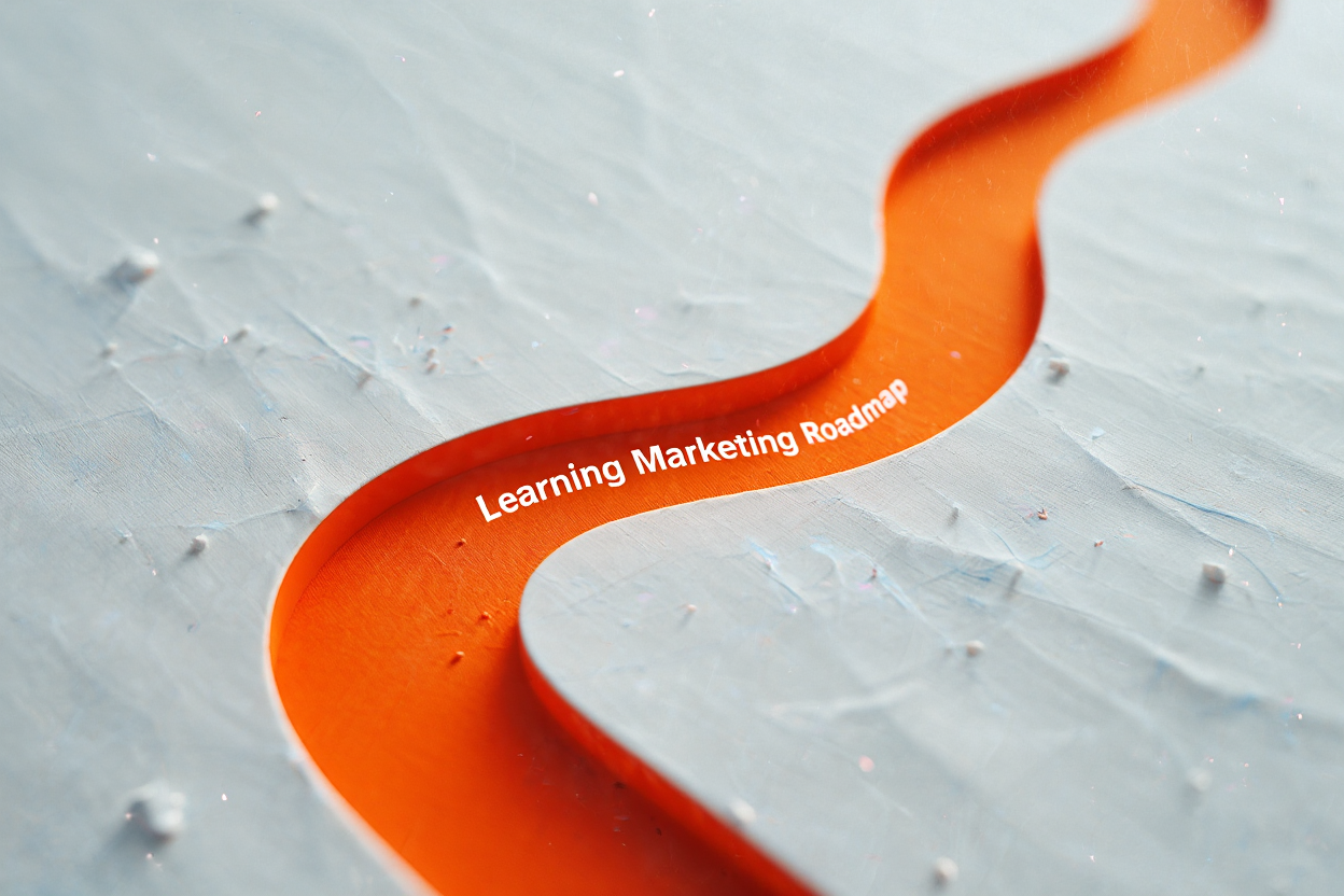 A vibrant orange graphic with a winding path labeled 'Learning Marketing Roadmap', symbolizing the journey of self-education.